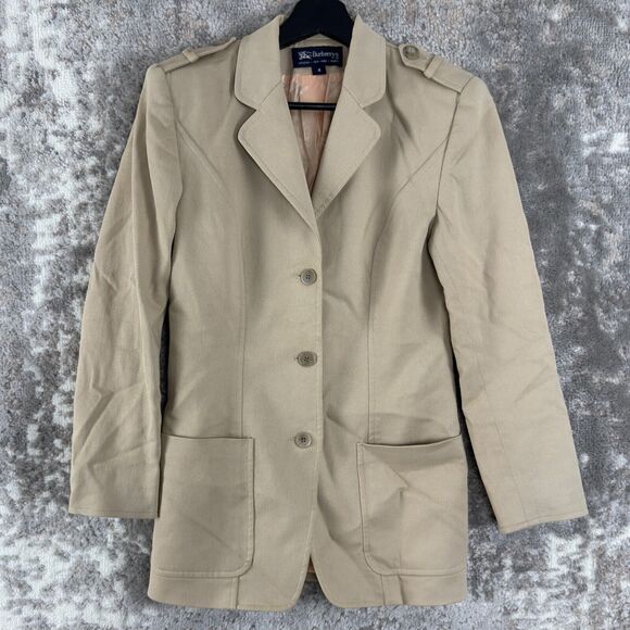 Burberry Womens Size 4 V Neck Blazer Jacket Beige Long Sleeve Pocket Coat - Picture 1 of 9
